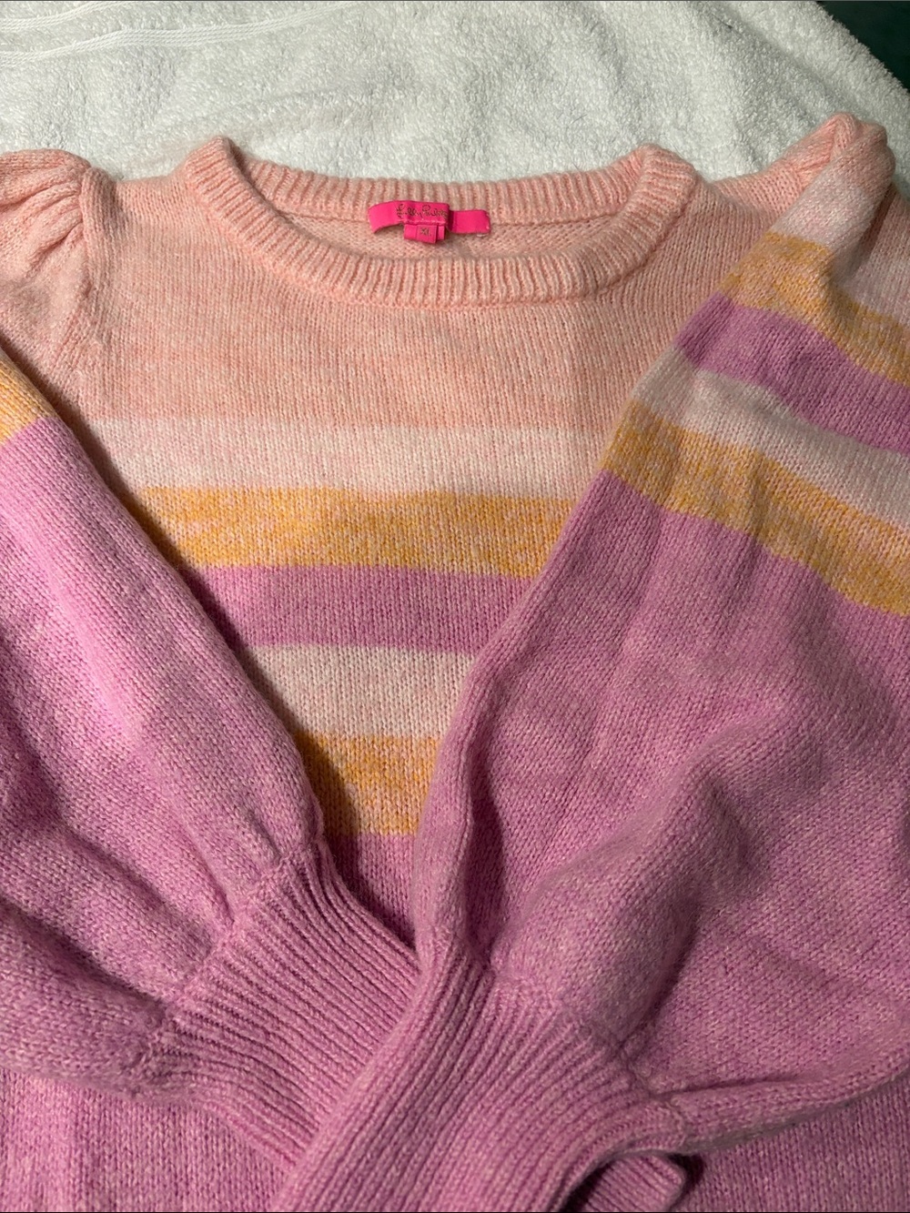 Lilly Pulitzer XL puff sleeve Soft Striped Crewneck Sweater - Pink/Yellow